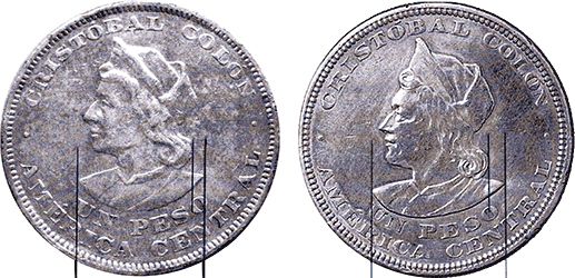Figure 18. El Salvador 1 Peso 1908 (left) and 1909 (right), lines note differences in the bust
